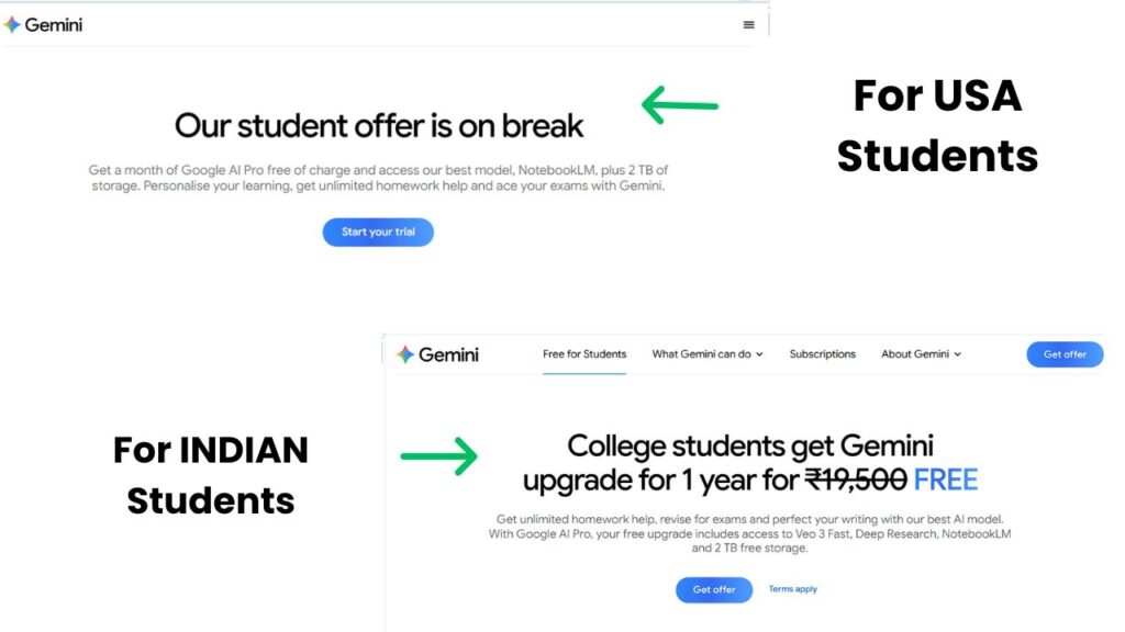 Banner showing Gemini Pro offer on hold in the USA