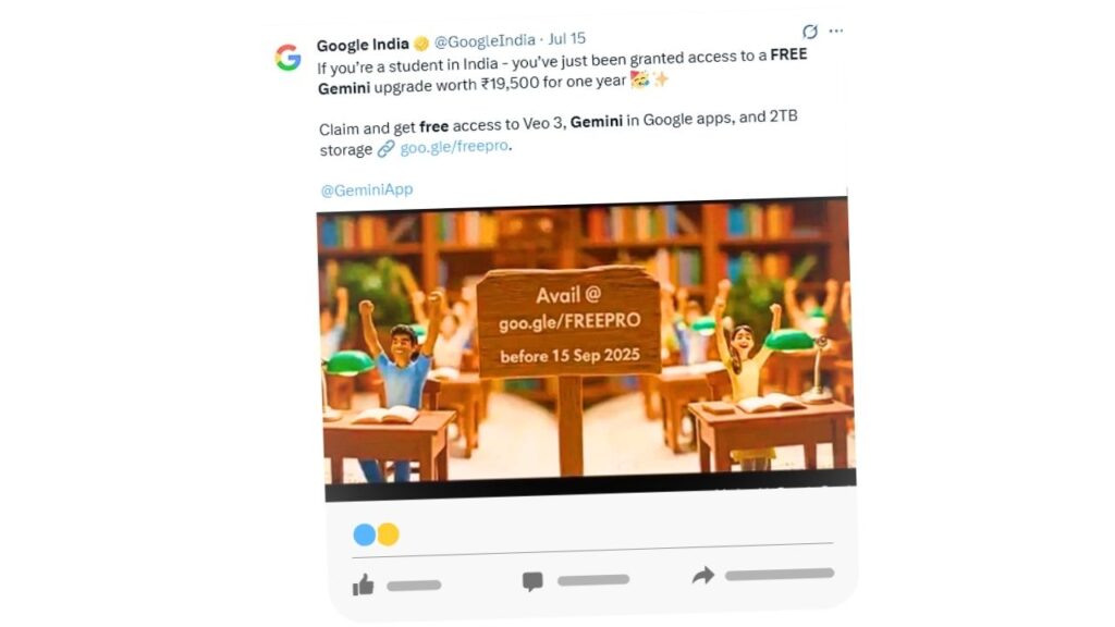 Screenshot of a Twitter post by Google announcing free Gemini Pro access for university students