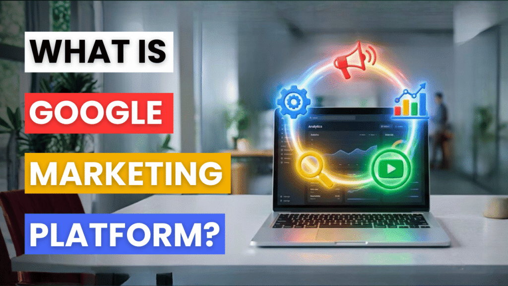 A laptop displaying analytics with a glowing circle of digital marketing icons representing the Google Marketing Platform ecosystem.