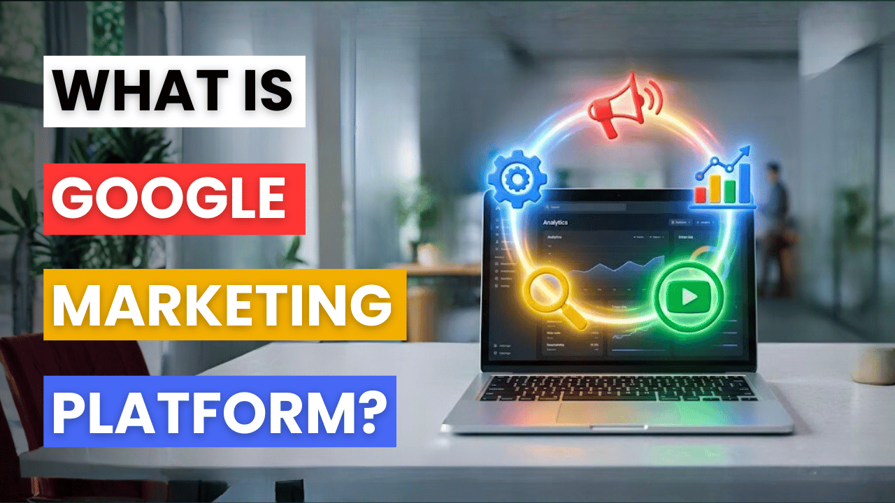 A laptop displaying analytics with a glowing circle of digital marketing icons representing the Google Marketing Platform ecosystem.